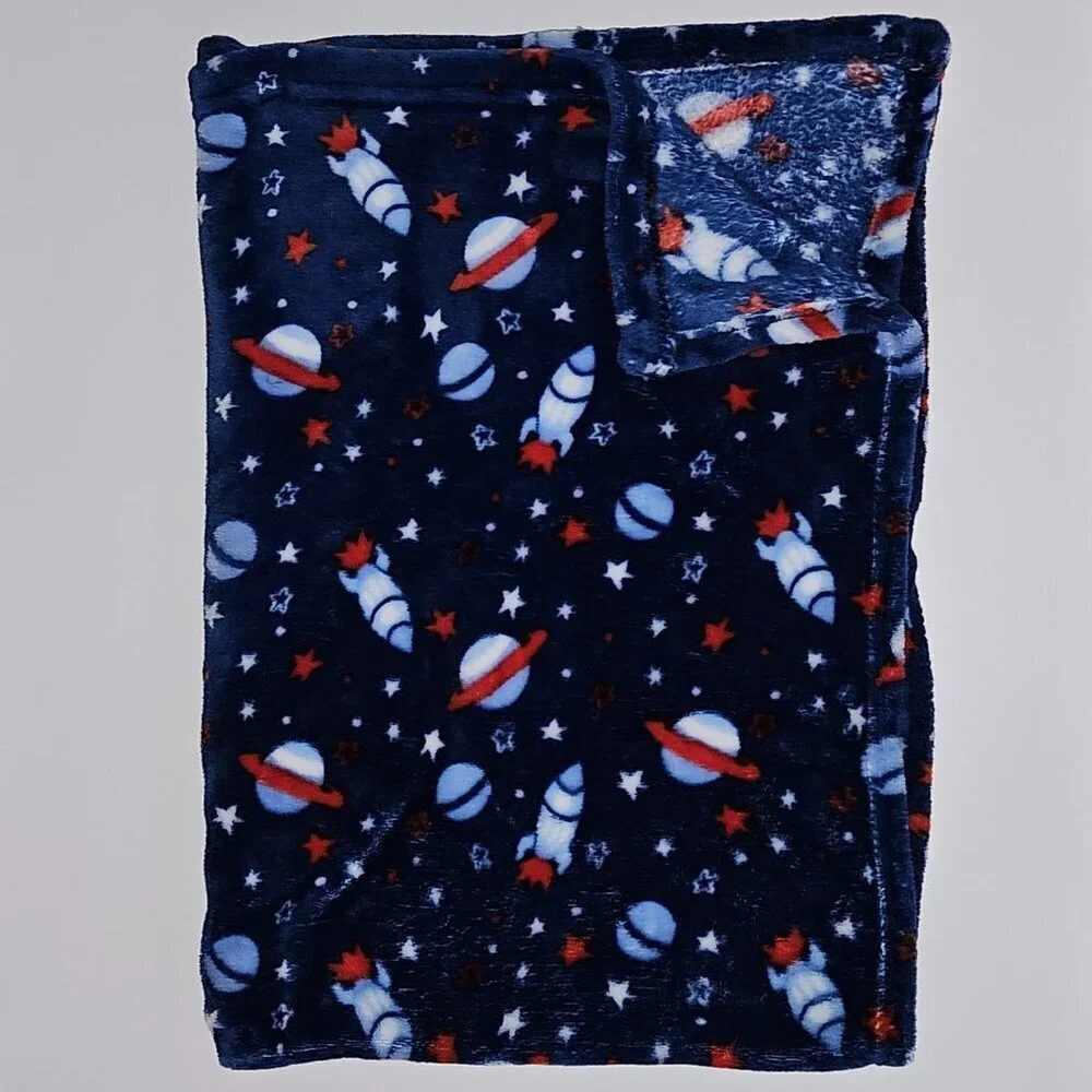 Zak & Zoey Blue Fleece Baby Blanket Rocket Spaceship Star Planet Red White SOFT